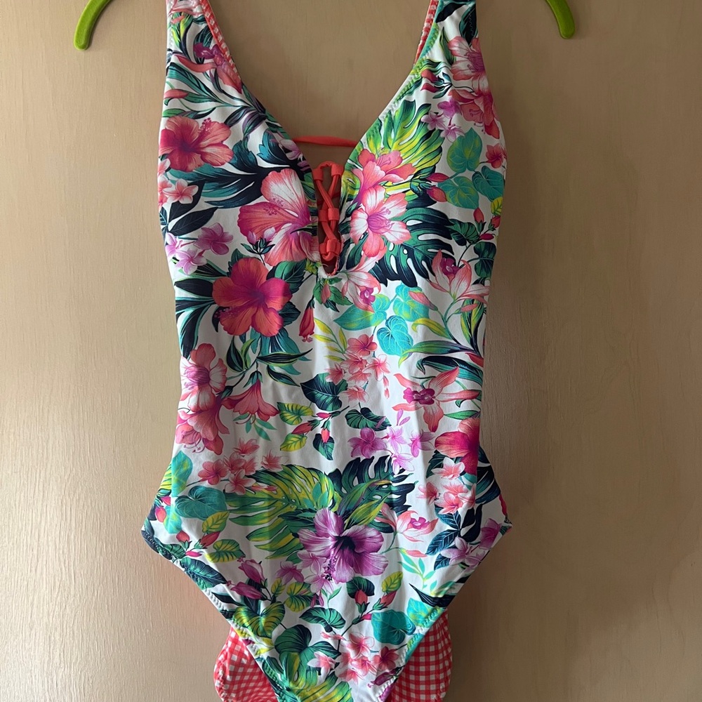 Tommy Bahama Pink and Green One Piece Swimsuit with Tropical Print